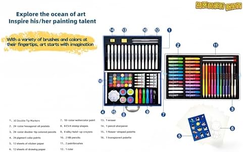 AmazeCat Art Supplies,159-Piece Deluxe Art Set,Drawing &Painting Kits for Kids,Gift Box for Adults Artists Kids Teens Girls Boys 4-12 (Pink)