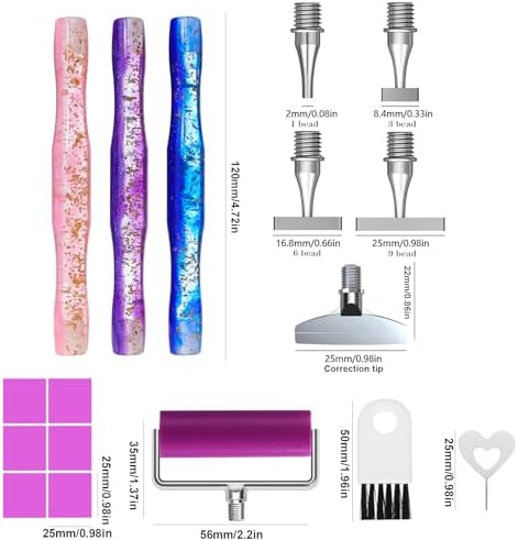 ZYNYXY 17PCS Ergonomic Diamond Art Pen Kits, with Multifunctional Metal Stainless Steel Screw Thin 1, 3, 6, 9, Tips, Correction Placers Roller Accessories (B Purple+ Pink+ Blue+ 5 PCS Tips)