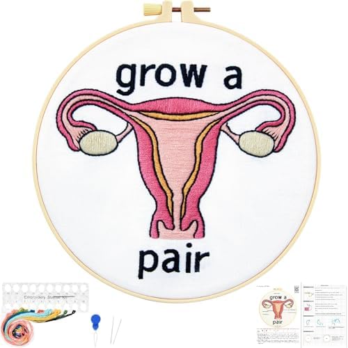 Hand Embroidery Kits for Beginners Adults, Grow a Pair Uterus Embroidery DIY Kit, Stamped Cross Stitch Kits for Beginners Adult Craft Kits for Women, Entire Set of Embroidery Supplies & Video Tutorial