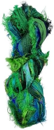 Maker's Craft Recycled Fuzzy Fringes Sari Silk Ribbon Yarn 35yards, 100Grams for DIY Knitting Crocheting Gift Wrapping, Christmas Decoration, Macrame Makers, Jewelry Making, Rugs Hooking (Green)