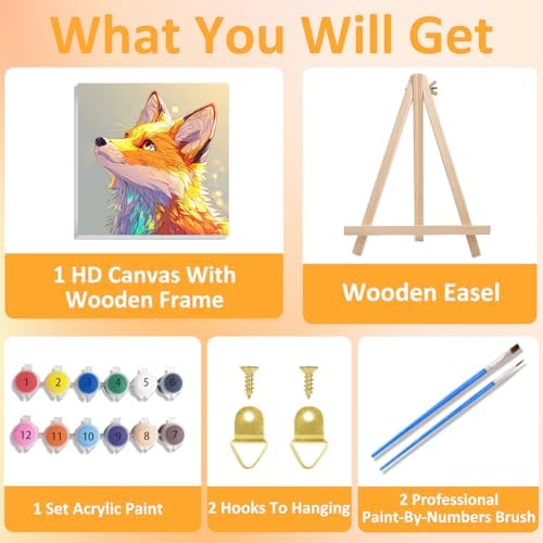 Fox Paint by Numbers Kit for Kids, 8x8 inch