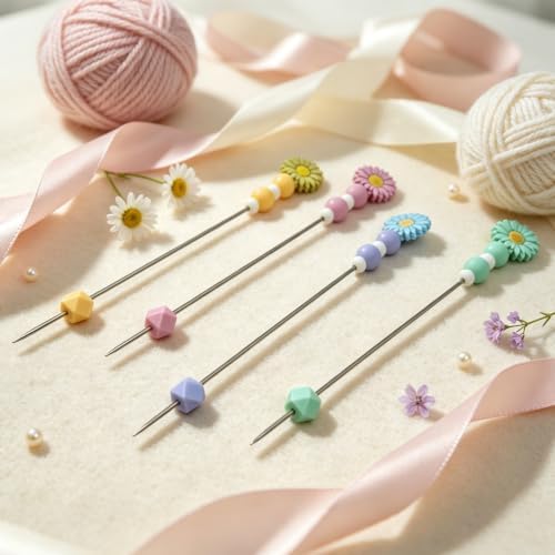 8 Pcs Knitting Needles with Daisy Beads, 2.6mm Diameter, 9.8'' Length