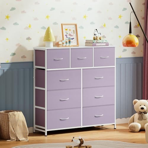 WLIVE Tall Dresser for Bedroom, 9 Drawer Chest of Drawers, Purple | 9 roomy fabric drawers, Tall storage design, Bedroom or closet use, Sturdy steel frame, Smooth wood tabletop