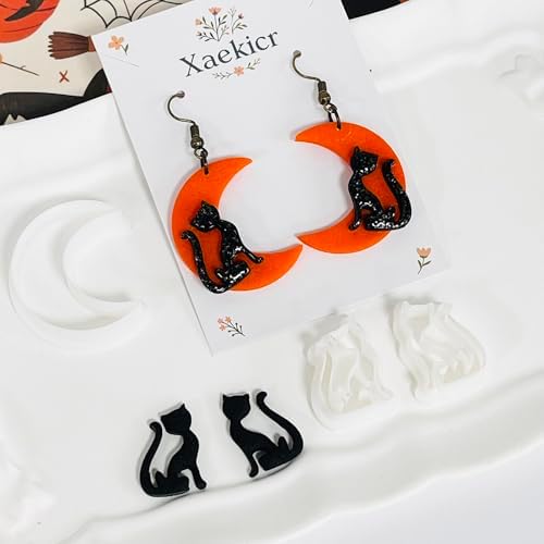 Xaekicr Halloween Moon and Cat Polymer Clay Cutters Set – 3Pcs Clay Earring Cutters for Halloween Earrings Making – Polymer Clay Molds and Tools for Jewelry DIY