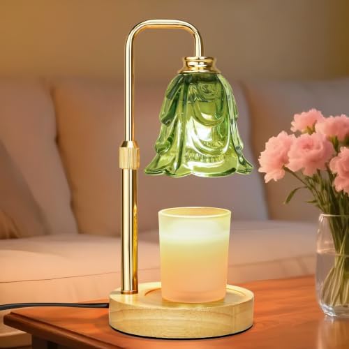XJZJY Green Glass Flower Candle Warmer Lamp with Timer, Modern Home Decor | Dimmable wax melt warmer with 2 bulbs for jar candles, height adjustable, Green tulip design, home decor, housewarming gifts