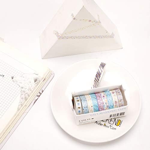 YUBBAEX 10 Rolls Sparkling Washi Tape Set 8mm Skinny Gold Foil Decorative Masking Washi Tapes for Bullet Journal,Scrapbook, Planner, DIY Crafts (Glittering Stars)