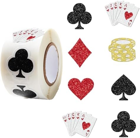 Casino Stickers,500pcs 1.1 Inch Glitter Poker Suit Stickers Roll with Hearts Diamonds Clubs Self-Adhesive for Casino Night Birthday Party Game Room Decor Scrapbooking