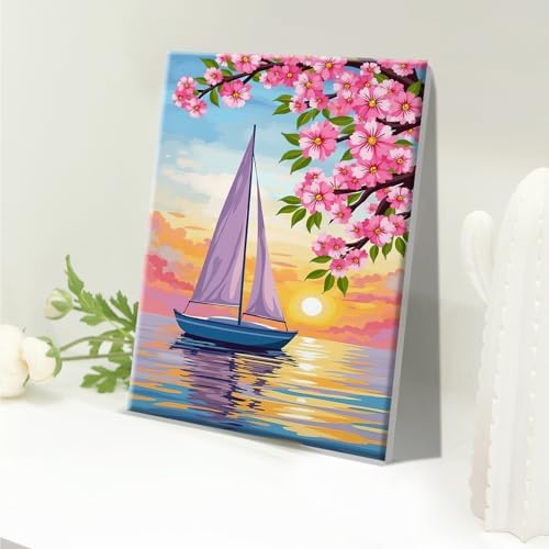 JOOZ Sailboat Paint by Numbers Kit for Adults with Frame Sunset Paint by Number with Easel Flowers Adult Paint by Number Kits Framed Canvas Oil Painting Kits for Home Wall Decor 8x12 Inch