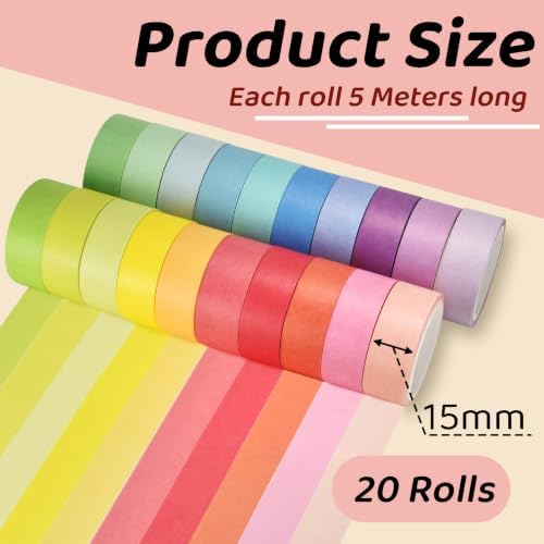Colorful Washi Tape Set, 20 Rolls Decorative Washi Tape for Scrapbooking Planner Bullet Journal Crafts DIY Art Supplies Gift Wrapping (15mm*5M)