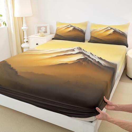 3D Golden Mountain Sheet Set Natural Landscape Scenery Bedding Set Natural Mountain Scenery Bed Sheets Teens Room Decor Golden Black (Twin Flat & Fitted Sheet with 1 Pillow Case)