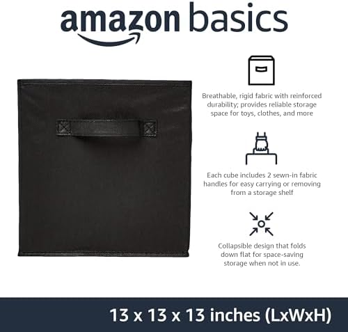 Amazon Basics Collapsible Fabric Storage Cube Bins Organizer with Handles, Organization Containers, Multifunctional, 13" x 13" x 13", Black, 6-Pack