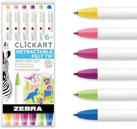 Zebra Pen CLiCKART No Bleed Felt Tip Pen, Celebrations Ink, 0.6mm, 6-Pack
