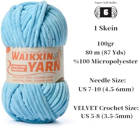 （Azure Blue） Super Soft Fuzzy Chenille Chunky Yarn for Crocheting, 100g (87yds) Velvet Fluffy Amigurumi Yarn for Hand Knitting Baby Blankets Weaving Craft