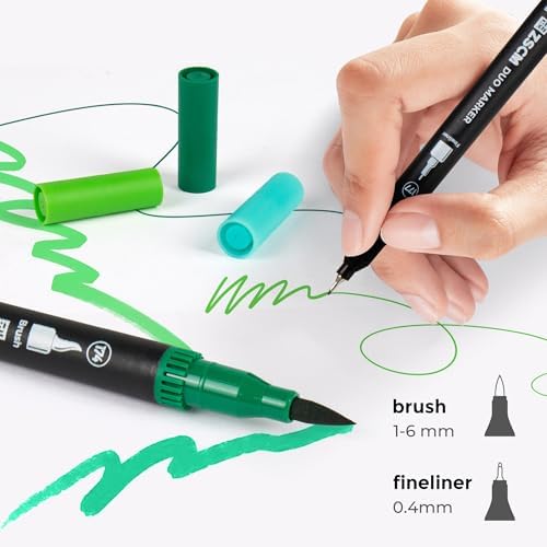 Green Duo Tip Marker Pens, 12 Fine & Brush Tip Pen For Adult Coloring Books