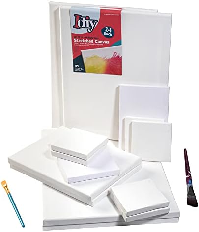 iDIY Stretched Canvas Board Multi Pack (Set of 14) - Sizes 4 x 4-12 x 16, 5/8" Variety Pack - Classic White Blank, Pre Primed for Oils or Acrylics, 100% Cotton, Acid Free - Professional Grade