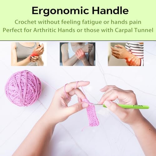 2mm Crochet Hook, Ergonomic Crochet Hooks with Soft Rubber Handle and Smooth Glide Head - Lightweight Aluminum Needles for Beginners, Arthritis, Yarn Projects, Long Crafting Sessions (2.0 mm)