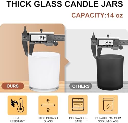 Thick Candle Jars for Making Candles 12 Pcs, 14 OZ Empty Jars with Wood Lids for Candle Making, Sample Container, Inner White