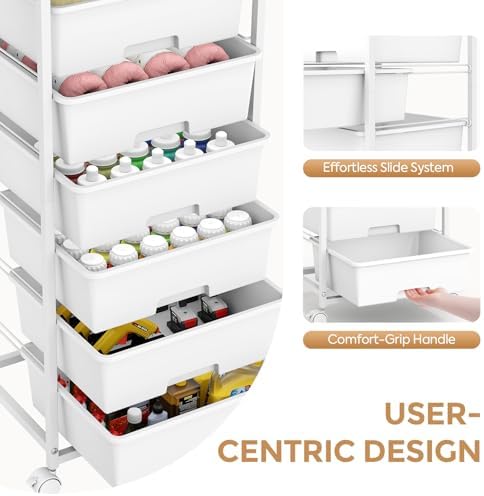 6 Drawer Rolling Storage Cart with Wooden Top and Wheels for Crafts,White