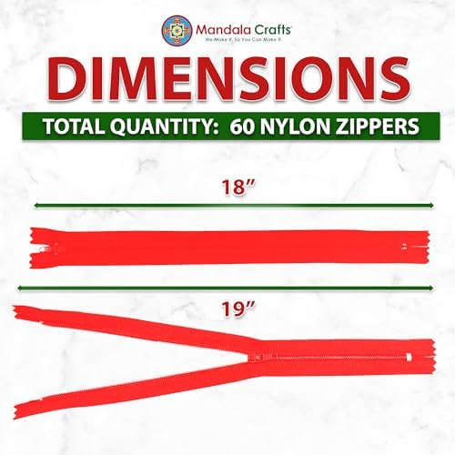Mandala Crafts 60 PCs Cherry Red Closed-End 18 in Nylon Zippers for Sewing