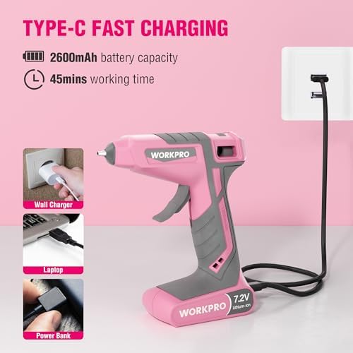 WORKPRO Cordless Hot Glue Gun, 7.2V Dual-Temp Kit, Pink