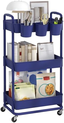 JIUYOTREE 3-Tier Plastic Rolling Storage Cart Utility Cart Blue