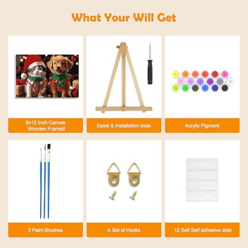 MOGTAA Christmas Paint by Numbers Kit for Adults Beginners with Frame, Cat and Dog Adult Paint by Number Kits on Canvas with Easel, Easy DIY Animal Oil Painting Kits for Home Decor, 8x12in