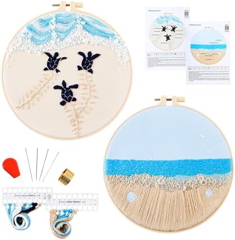 Embroidery Kit for Beginner Adults, Stamped Cross Stitch kits for Adults Beginners, Ocean Hand Embroidery Starter Needlepoint Kit, 2 Set Embroidery Supplies, 2 Hoops (Attached Teaching Video QR Code)