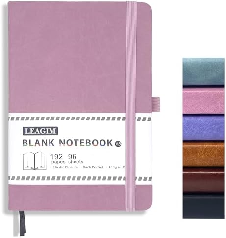 Blank Journal Notebook, A5, 192 Pages 100 GSM Thick Sketch Book for Women Men, Hardcover Leather Unlined Journaling for Work, Notebooks for Writing, 5.8 inches x 8.5 inches (Pink)