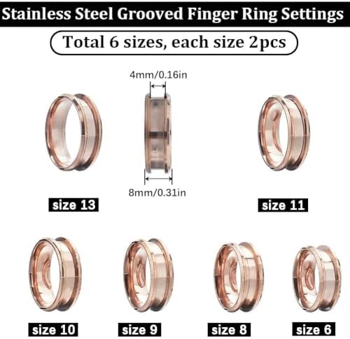 SUNNYCLUE 1 Box 12Pcs Stainless Steel Ring Blanks Grooved Finger Ring Blanks Settings Rose Gold US Size 7/8/9/10/11/12 Inlay Finger Rings Core Blank for Ring Jewelry Making Kits Women Men DIY Crafts