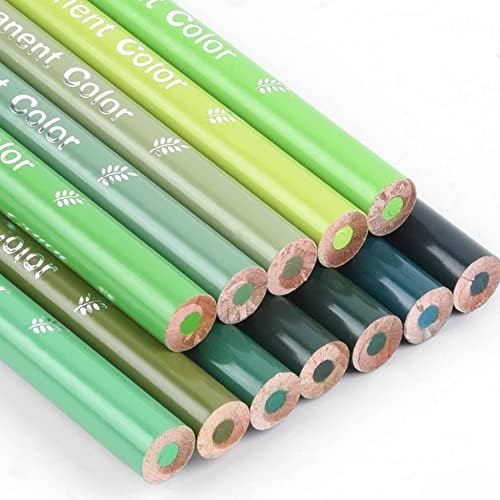 12 Green Colored Pencils Oil Based, Pre-sharpened Wooden Color Pencils Set