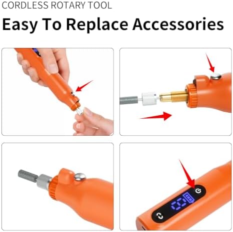 Cordless Rotary Tool Kit - 9-Speed Adjustable with USB Charging | Multi-Purpose Engraving Pen for Sanding, Polishing, Drilling & DIY Crafts | Includes 3D Printing Accessories (Orange with Light)