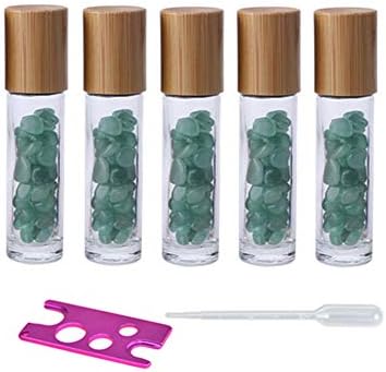 5 Pack 10ml Clear Roll On Bottles With Natural Chakra Crystal Chips for Essential Oils,Perfume Glass Roller Bottles Container Bamboo Lid,Crystal Roller,Pipette&Opener Included (Green Aventurine)