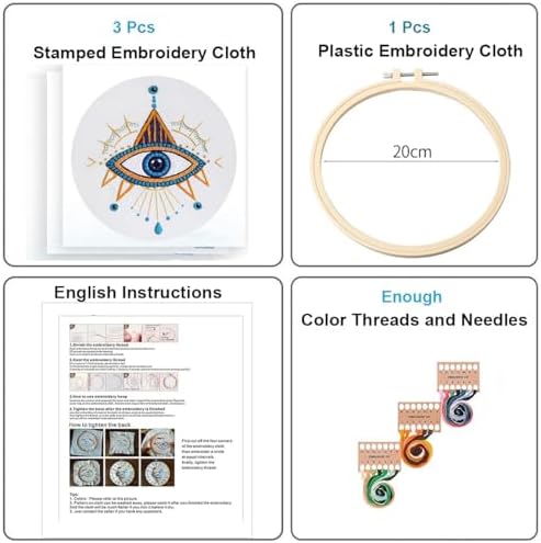 Konrisa 3 Pcs Embroidery Kits with Tarot Cards and Eyes Pattern, Stamped Embroidery Starter Kit for Beginners Adults Needlepoint Kits DIY Sewing Cross Stitch Practice Kit Home Decoration