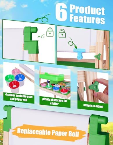 Joyooss Art Easel for Kids Easels for Toddler with Paper roll Green | Wooden Chalkboard for Kids Adjustable Double Sided Dry Erase Board,Toddler Art Easels for Kid Ages 4-8