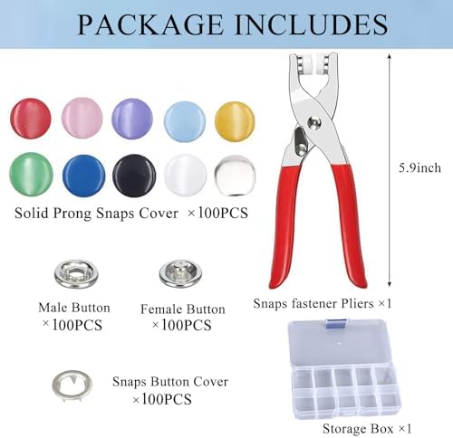 Minestylish 100 Sets Metal Snaps Buttons with Fastener Pliers Press Tool Kit Perfect for DIY Crafts Clothes Hats and Sewing, Snap Button Fasteners Kit for Clothing(Colorful / 400 PCS)