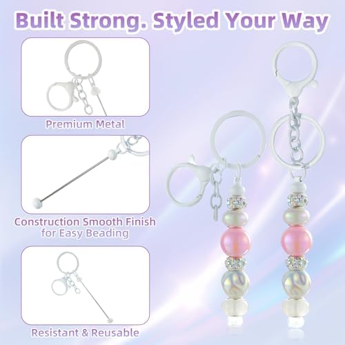28 Pcs Beadable Keychain Bars - Keychain Making Kit Bulk - Metal Beaded Keychains for Crafting - Diy Key Chain Supplies - Blank Keychains Bars for Beads - Beadable Items (White)