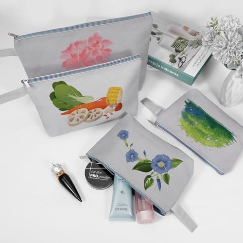 10 Pieces Cotton Canvas Makeup Bag with Bottom and Strap, Multi-Purpose Cosmetic Bag with Zipper Travel Toiletry Pouch, Blank DIY Craft Bag (Grey, XS)