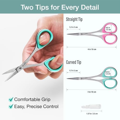Beaditive Sewing and Embroidery Scissors Set (2 Pc.) Curved and Straight, Sharp, Stainless-Steel Design | Precision Tips, Ergonomic Rubber Handle Grip | Small, Compact DIY Use (1 Curved, 1 Straight)