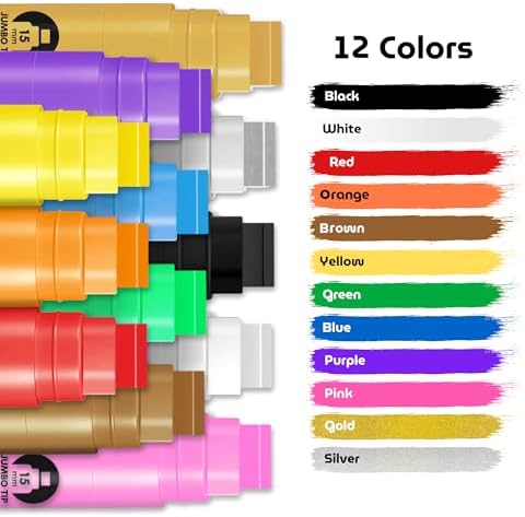 BIGTHUMB Jumbo Poster Markers Set: 12 Colors Large 15mm Wide Tip Permanent Ink Thick Acrylic Paint Pens for Rock Painting, Stone, Glass, Wood, Ceramic, Metal, Plastic, Fabric