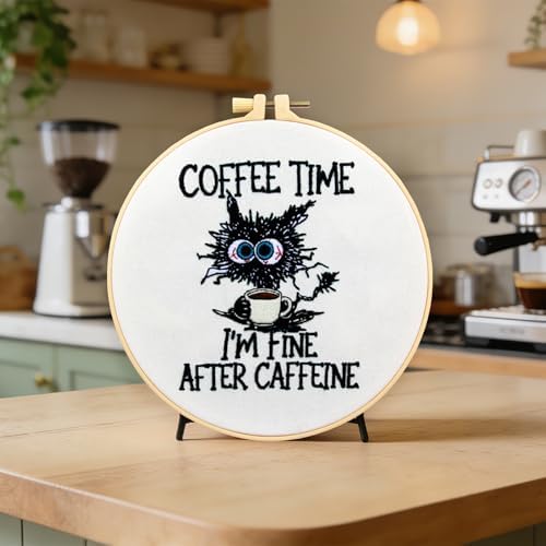 Cute Cat Embroidery Kits for Beginners Adults, Coffee Hand Embroidery Starter Kit, Stamped Cross Stitch Kits for Beginners Adult Craft Kit for Women, Entire Set of Embroidery Supplies & Video Tutorial