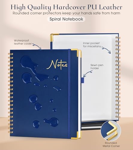 Hardcover Spiral Notebook Journal 8.5” x 11”, A4 Large Leather Notebooks for Women Men, Lined College Ruled Notebook, 100 GSM Paper, Spiral Bound Journals for Work School Note Taking Business, Navy