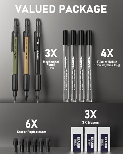 Nicpro 3 PCS 1.3 mm Mechanical Pencil Set with 48 Lead Refill, 3 Eraser