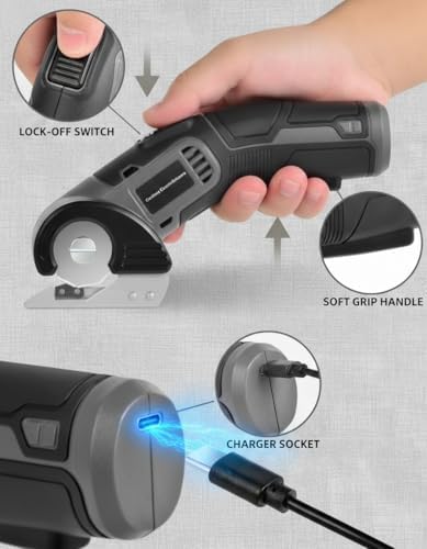 4V Cordless Electric Scissors, Lightweight Rotary Cutter with 2 Blades & USB Charging, for Cardboard Fabric Leather Carpet Plastic Rope Cutting, Safety Lock for Home DIY Craft Use