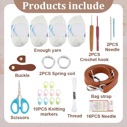 ACRNIGHEET Crochet Bag Kit for Beginners Adults Crochet Purse for Women DIY Tote Bag Making Kit with Step-by-Step Tutorials Knitting Supplies for Adults Crafts Boho Gift Idea (White)