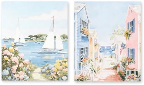 RLTXBUK Diamond Art Painting Kits for Adults 2 Pack, Sailboat Seascape & Coastal Cottage Alley, Full Drill DIY Rhinestone Diamond Painting for Beach Home Decor 9.8x11.8 Inch