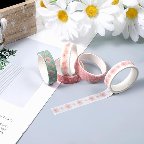 5 Rolls Sakura Washi Tape Set Floral Decorative Tapes Cute Flowers Patterns Tape Japanese Arts Adhesive Tapes Modern Arts Masking Tapess for Art DIY Crafts Journals Scrapbooking Wrapping