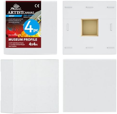 PHOENIX 4x4 Inch 4 Pack Museum Canvas - 2 3/8 Inch Thick Edge Deep Mini Block Canvases for Painting 100% Cotton 11 Oz. Gesso Primed White Blank Professional Art Canvas