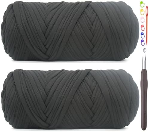 2 Pack Tshirt Yarn for Crocheting,Black T Shirt Chunky Elastic Fabric Thick T-Shirt Crochet Yarn for Beginners Crocheting Hand Knitting Bag/Basket/Coasters/DIY Crafts/Home Decor 2 * 200G(Black