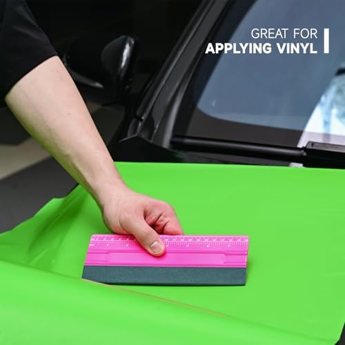FOSHIO Professional Squeegee for Vinyl, Decals, Sticker Paper, Wallpaper, Window Film, Craft, Suede Felt Squeegee Smoothing Tool with Ruler, Pink (8 inches)