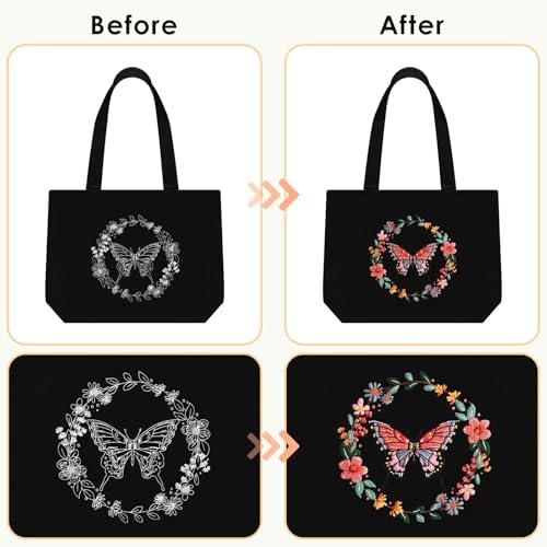 ERKOON Embroidery Canvas Tote Bag for Beginners, Floral Arts Crafts Cross Stitch Kits for Adults Including Stamped Embroidery Bag with Hoops, Needle, Instruction and Color Threads (Butterfly)
